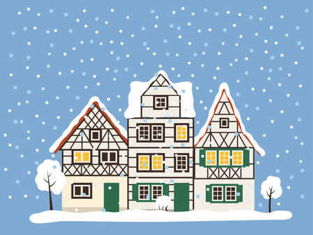 Cozy European houses and trees covered with snow for New Year and Christmas. A German building Isolated vector illustration.のイラスト素材