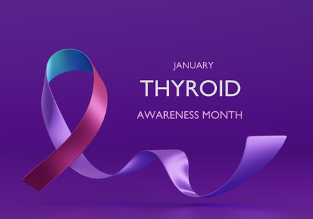 Blue, Pink, and Purple ribbon. Thyroid Awareness Month with Gradient Colors. Thyroid health awareness banner design. 3d renderingの写真素材