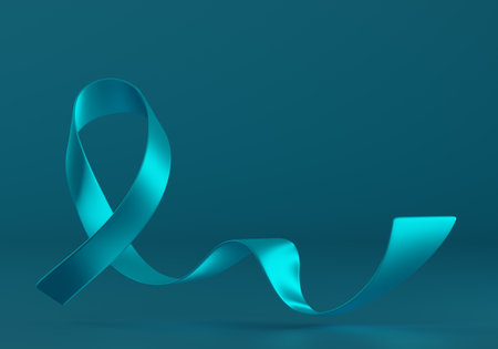 3d Teal Ribbon. Ovarian and Cervical Cancer Awareness Month Campaign. Uterus, Female Reproductive System, Women's Health, PCOS and Gynecology. Horizontal Web Banner. 3d renderingの写真素材