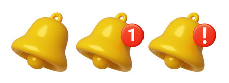 3d render of Christmas bells with notification exclamation mark on white backgroundの写真素材