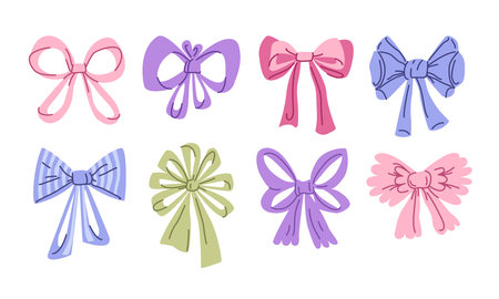 Hand drawn various coquette bows, gift ribbons. Rococo trendy hair braiding girls accessory for wedding, Valentine's day, birthday, gifts, girls cards and holiday. Vector illustratのイラスト素材