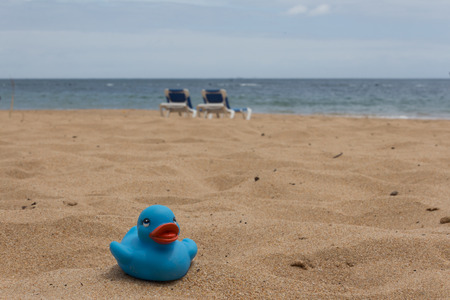 White beach - sand, ocean, blue sky - sun beds and ducklingの写真素材