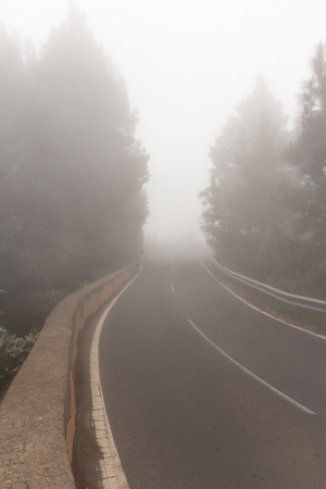 empty road / abandoned highway in thick fog / cloudsの写真素材