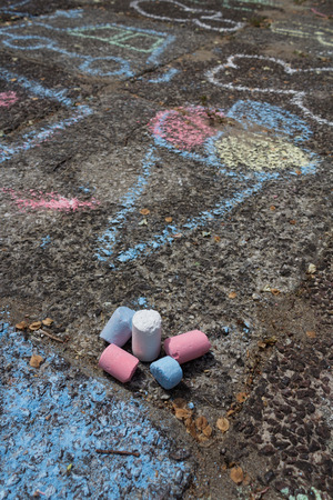Kids drawing, color chalk, ice cream sketchの写真素材