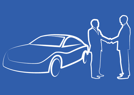 two businessmen shaking hands in front of a car - illustration , vectorのイラスト素材