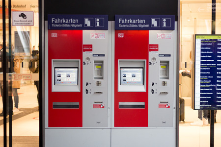 Berlin, Germany - march 30, 2016: Train ticket vending machine of the german railroad company (Deutsche Bahn) at berlin main station (Berlin Hauptbahnhof).のeditorial素材