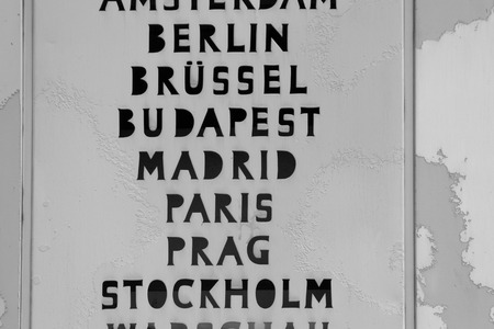 names european cities, capital cities of europe on world clock in berlin, germanyの写真素材