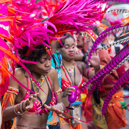 Berlin, Germany may 15, 2016: Portrait of dancing woman in costume on Carnival of Cultures in...