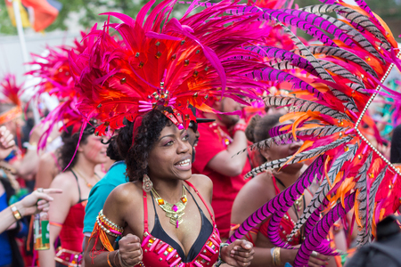 Berlin, Germany may 15, 2016: Portrait of dancing woman in costume on Carnival of Cultures in...