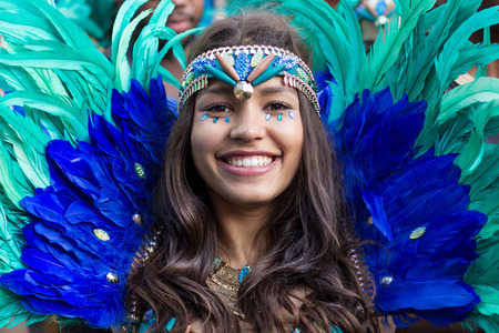 Berlin, Germany may 15, 2016: Beautiful girl in costume smiling on  Carnival of Cultures in Berlin,...