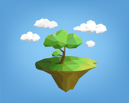landscape low poly style - tree on island, blue sky and clouds. polygonal illustrationのイラスト素材