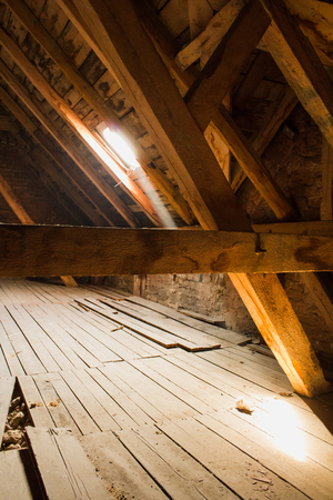 wooden beams in old loft / roof before constructionの写真素材