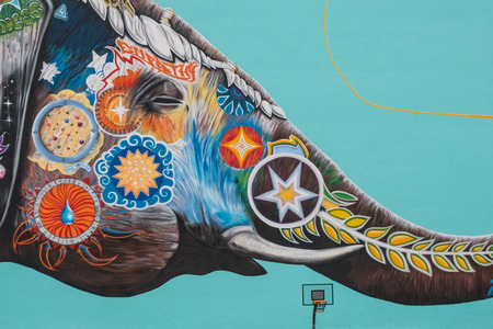 Huge mural painting of an Elephant playing with a balloon from Jadore Tong aka SYRUS in Berlin, Germanyのeditorial素材