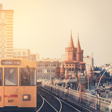 Berlin, Germany - april, 27: U-Bahn train / subway train crossing   Oberbaum Bridge in Berlin, Germany.のeditorial素材