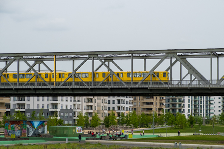 Berlin, Germany - may 16, 2017: Berlin subway train (U-Bahn) outdoors on bridge at Gleisdreieck Park in Berlin.のeditorial素材