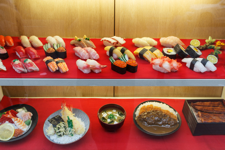 plastic food, fake sushi in display windowの写真素材