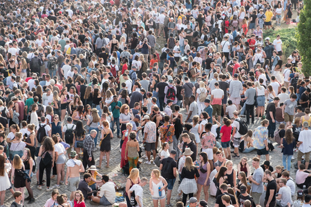 Berlin, Germany - june 21, 2017: Many people in crowded park (Mauerpark) at "fete de la musique" in Berlin, Germany.のeditorial素材
