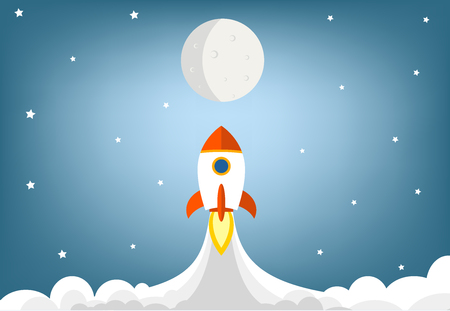 Flat design rocket launch flying to moon illustrationのイラスト素材