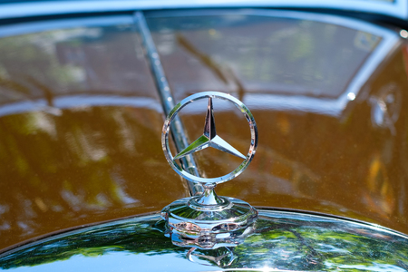 Car design detail and Mercedes Benz star logo / brand closeup at classic car automobile event in Berlinのeditorial素材