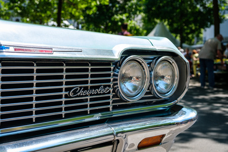 CHEVROLET front car design detail and logo / brand closeup at vintage car event in berlinのeditorial素材