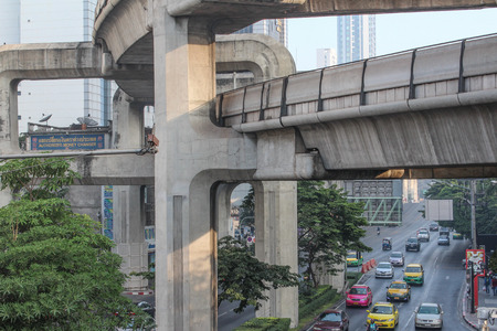 Cityscape of Bankgok city center road traffic with sky train railwayのeditorial素材