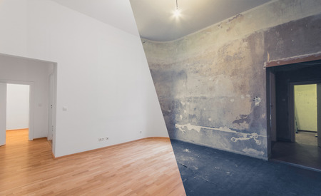 renovation  before and after  - empty apartment room, new and old,