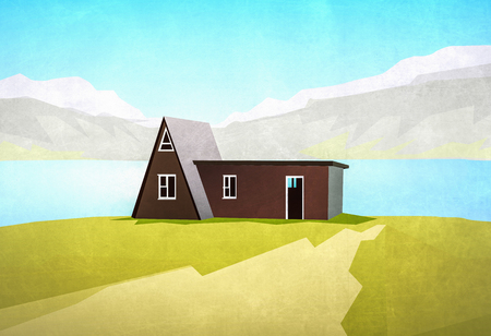 house / cottage in mountain landscape   -travel illustrationの写真素材