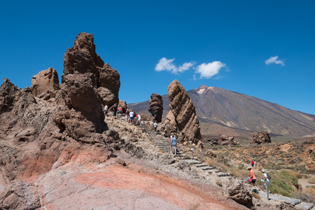 Tenerife, Canary Islands, Spain - September 2018:  People at Roque Cinchado rock at Roques De Garcia Parque Nacional Del Teide Tenerife Spainのeditorial素材