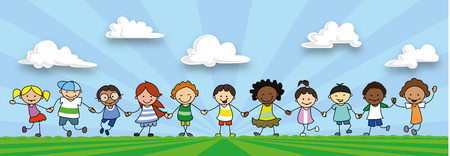 Happy kids holding hands, children playing on meadowのイラスト素材