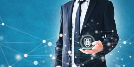 mobile phone privacy concept - businessman using smartphone with network illustration and security symbolの写真素材