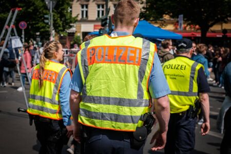 Police team on street at myfest celebration on mayday, may 1, Berlin, Kreuzbergのeditorial素材