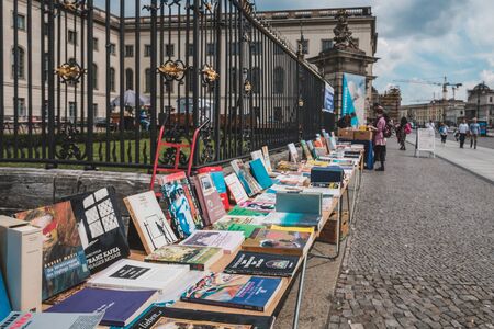 Used books, second hand books for sale on flea market in front of the Humboldt University in Berlin, Germanyのeditorial素材