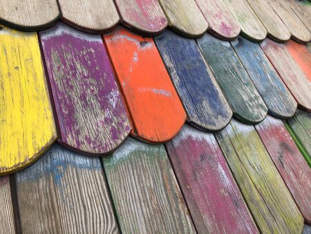 colorful roof tiles,  closeup of playground house roofの写真素材