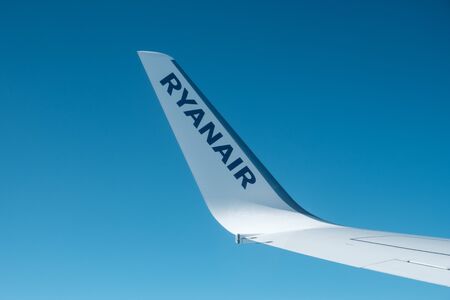 RyanAir logo on aircraft wing. Ryanair is a low cost airline company