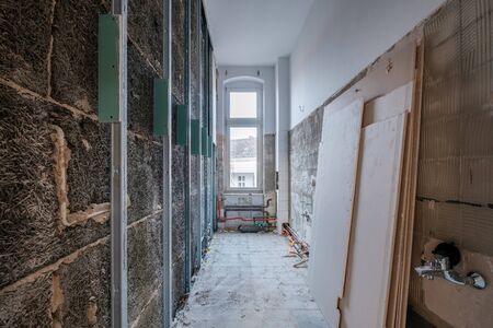 drywall frame in bath room before renovation - home improvement -の写真素材