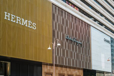 Hongkong - Noveber, 2019: Luxury brand stores of Hermes, Chanel and salvatore ferragamo at shoppind...