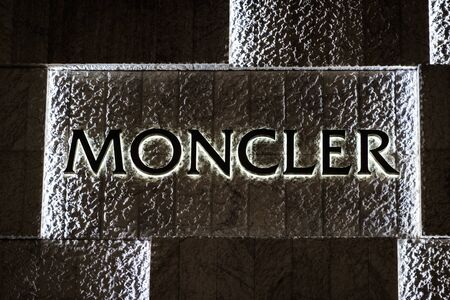 Hongkong - Noveber, 2019: Logo, signage, emblem of the brand Moncler on shop facade in HongKong