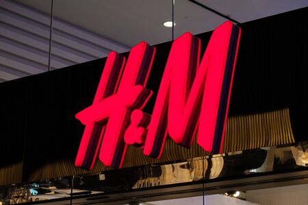 Hongkong - November, 2019: Detail of the H&M store logo in HongKong. H&M is a Swedish multinational retail-clothing companyのeditorial素材