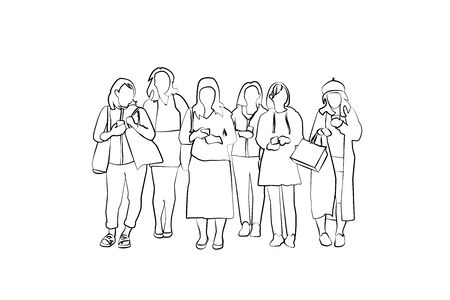 women holding mobile phone, people illustration drawing styleのイラスト素材