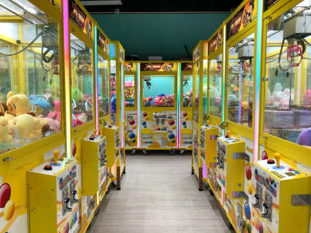 Hong Kong, November, 2019: Soft toys, animals in claw vending machine, Hong Kong