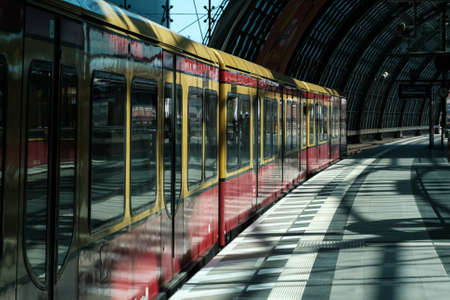 Berlin, Germany - April, 2020:  S-Bahn train  at emtpty  train station (Hauptbahnf) in Berlinのeditorial素材