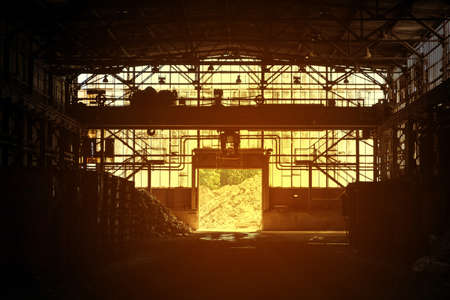 inside old steel factory, production industry hall -の写真素材