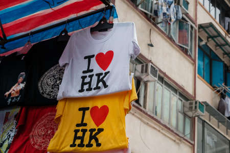 HongKong, China - November, 2019: I love Hong Kong shirt on street market (Ladie`s Market) in Hong Kong, Tung Choi Streetのeditorial素材