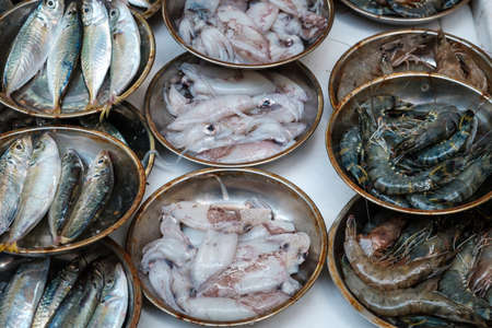 Shrimps and squid closeup on fish market  -の写真素材