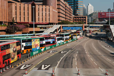 HongKong, China - November, 2019: Bus traffic jam on highway in Hung Hom cross harbor tunnel during 2019 Hong Kong protestsのeditorial素材