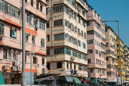 Hong Kong, China - November, 2019: Street scene, old residential building facades in Hong Kongのeditorial素材