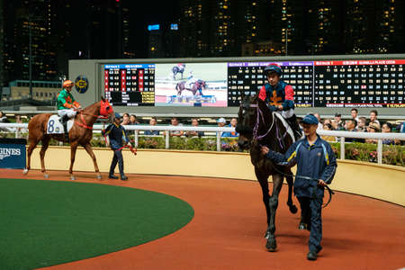 Hong Kong, November, 2019: People looking at race horse in Hong Kong Jockey Club, Happy Valleyのeditorial素材