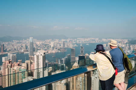 HongKong, China - November, 2019: People enjoying the skyline view of HongKong from The Peak. It is the most popular attraction in Hong Kongのeditorial素材
