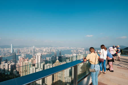 HongKong, China - November, 2019: People enjoying the skyline view of HongKong from The Peak. It is the most popular attraction in Hong Kongのeditorial素材
