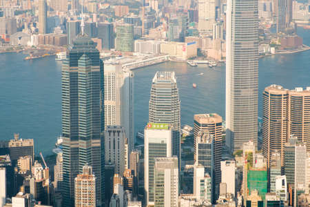 HongKong, China - November, 2019: Skyline of Hong Kong, city aerial view from Victoria Peak on sunny...